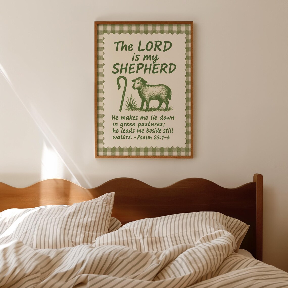 Psalm 23 Sheep Print Green Gingham Christian Wall Art