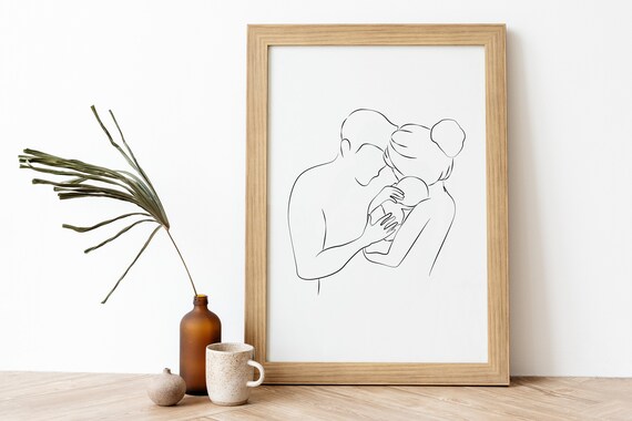 Mom Dad Baby Line Art Minimalist Family Newborn Embrace Poster