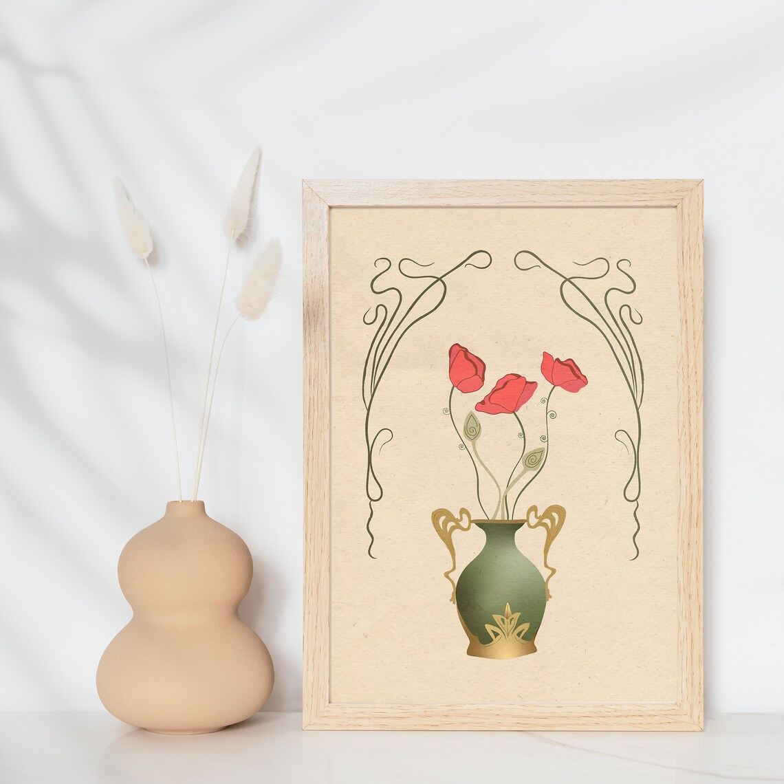 Art Nouveau Poppy Print Red Flowers in Green Vase Floral Decor