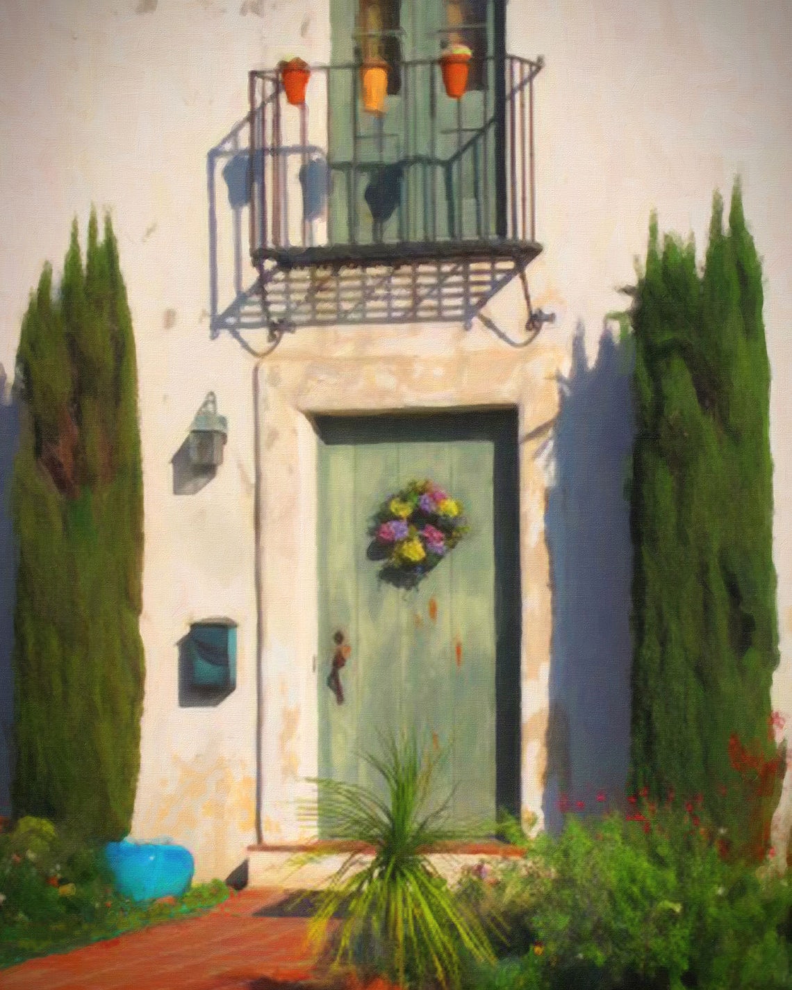 Santa Barbara Garden Door Spanish Iron Balcony Cypress Trees Poster