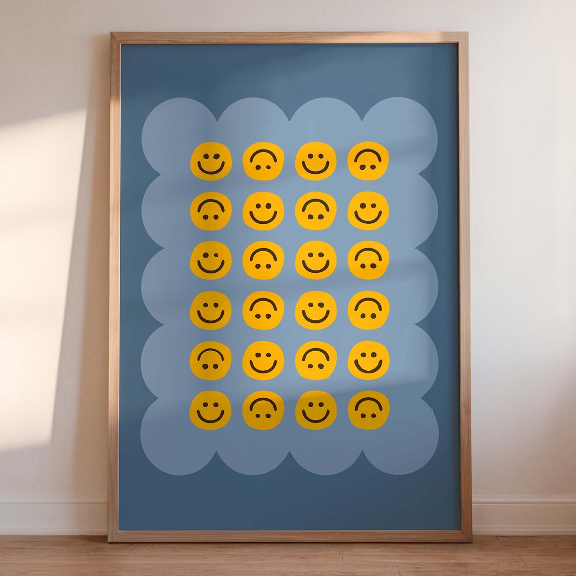 Twenty Four Smiley Faces Happy Sad Grid Retro Pop Blue Wall Art