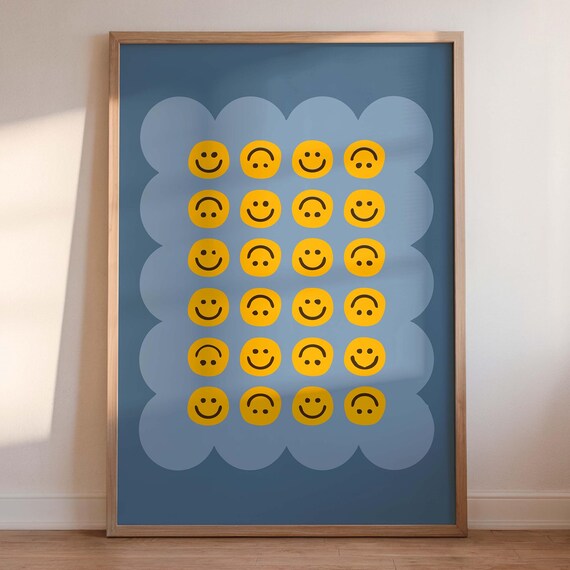 Twenty Four Smiley Faces Happy Sad Grid Retro Pop Blue Wall Art