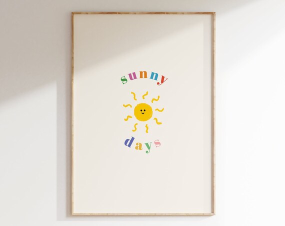 Sunny Days Retro Print Typography Poster Sun Summer Print Childrens Room Playroom Cute Colorful Poster Din A4 A3 A2 A1