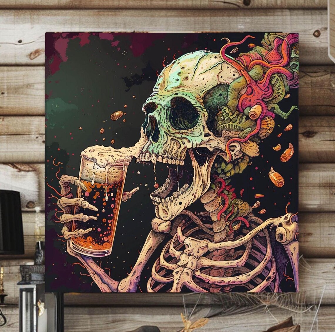 Funny Skeleton Drinking Beer, Halloween Decor