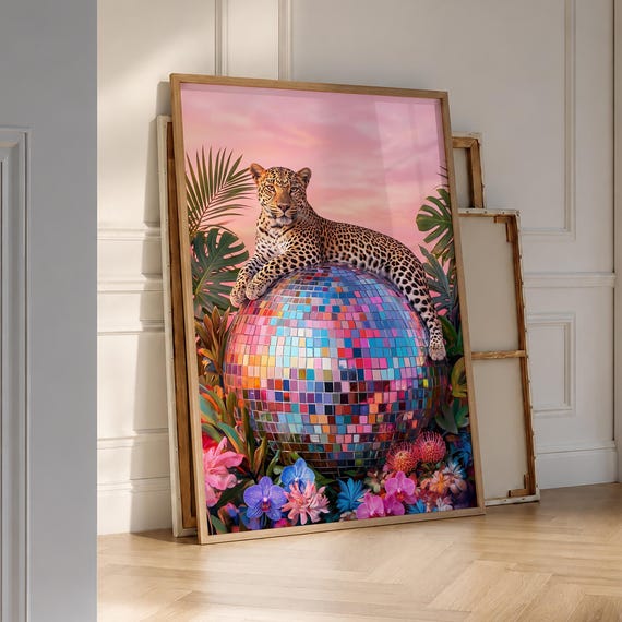 Leopard On Disco Ball Poster Maximalist Wall Decor Vibrant Prints Art Jungle Print Digital File