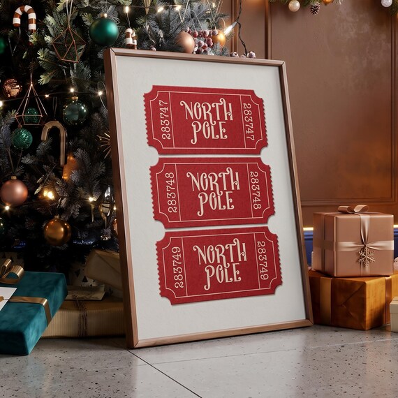 North Pole Red Tickets Vintage Christmas Holiday Wall Art Decor