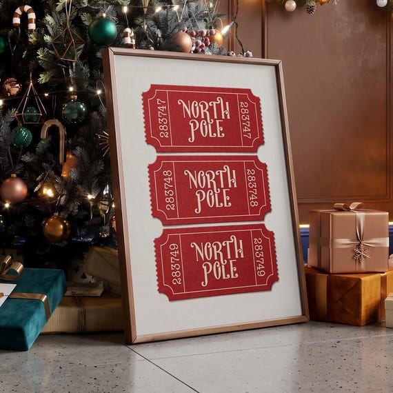 North Pole Ticket Prints Trendy Christmas Poster Red Xmas Wall Art Vintage Holiday Print Funky Retro Digital File