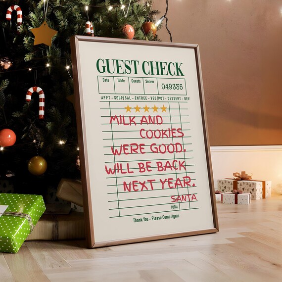 Santa Guest Check Milk and Cookies Funny Christmas Receipt Wall Art