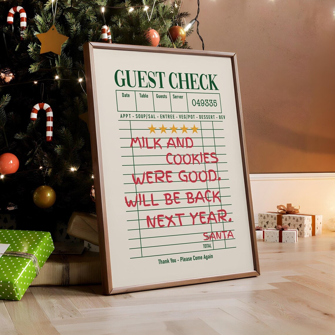 Santa Guest Check Milk and Cookies Funny Christmas Receipt Wall Art