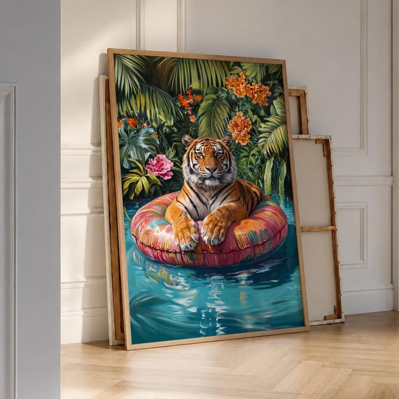 Tiger On A Float Poster Funky Wall Decor Maximalist Animal Print Pink Bathroom Vintage Luxury Art Digital File