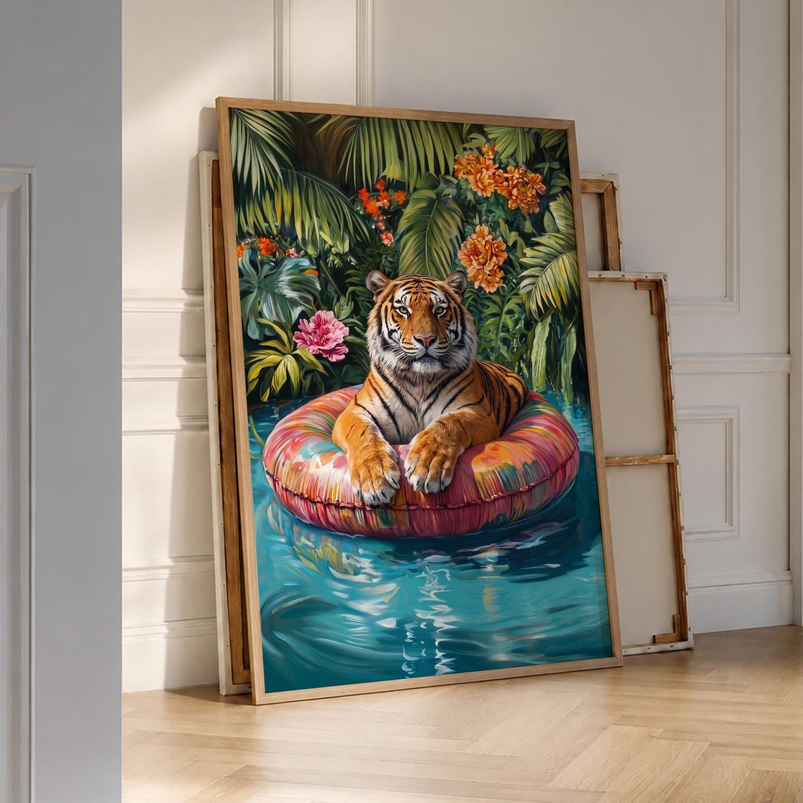 Tiger Relaxing on Pool Float Tropical Jungle Maximalist Wall Art
