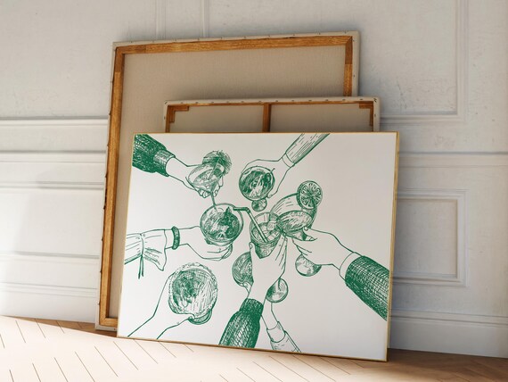 Green Line Drawing Cocktail Cheers Retro Bar Cart Decor Poster