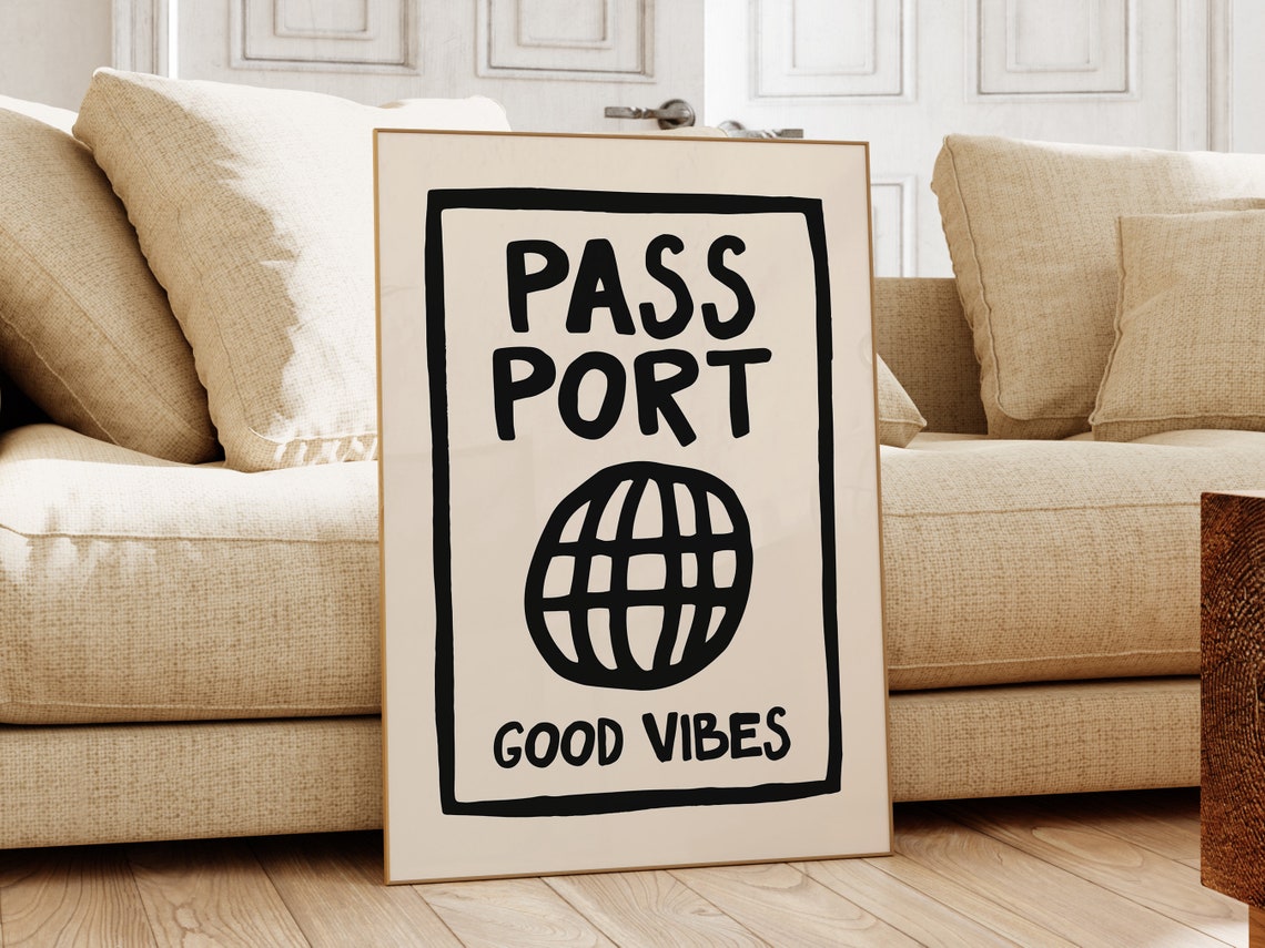 Black Passport Good Vibes Globe Hand Lettered Travel Quote Poster