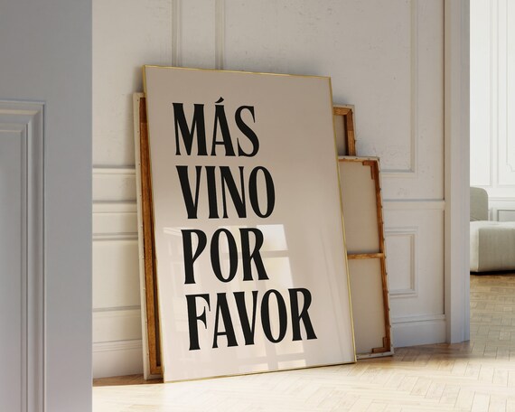 Bold Black Más Vino Por Favor Spanish Wine Quote Typography Poster