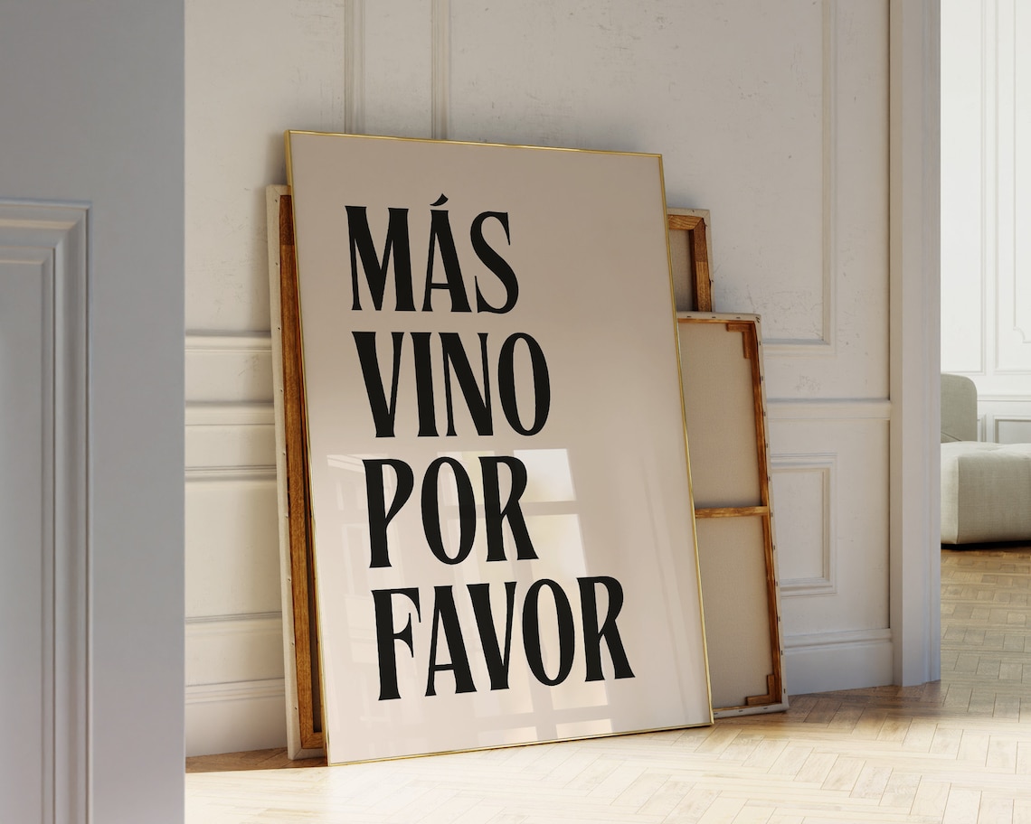 Bold Black Más Vino Por Favor Spanish Wine Quote Typography Poster