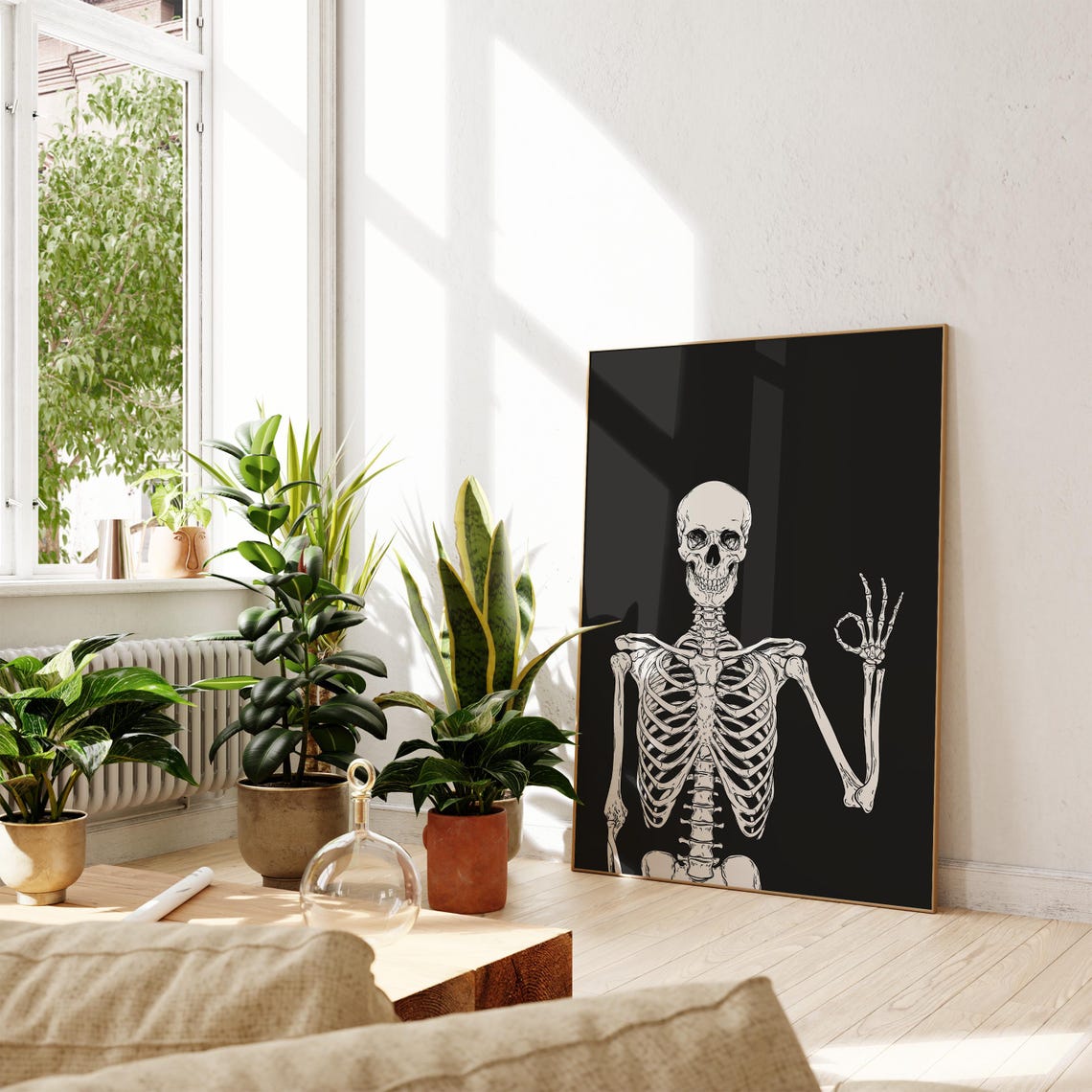 Skeleton OK Hand Gesture Halloween Decor Black White Spooky Art Poster - Image 3