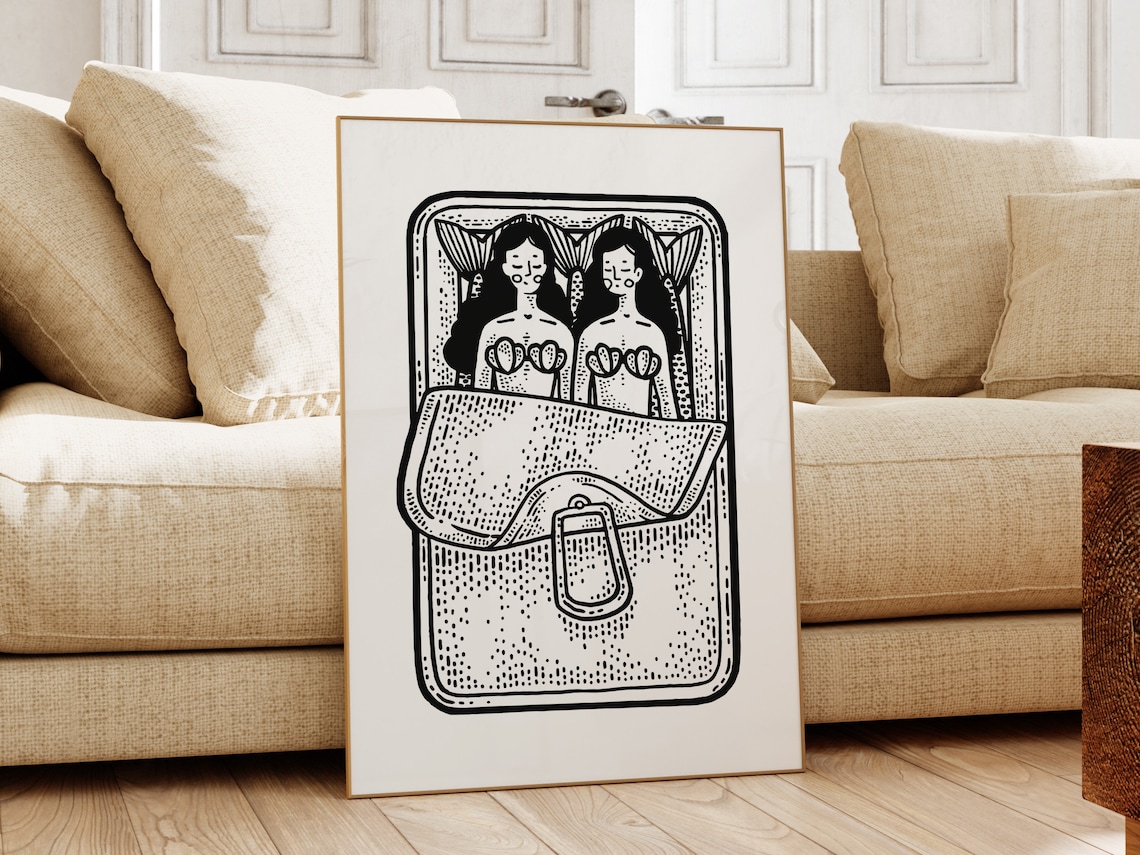 Two Mermaids in a Sardine Tin Quirky Black Ink Line Art Poster