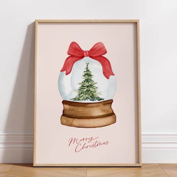 Merry Christmas Snow Globe Tree Watercolor Red Bow Holiday Poster