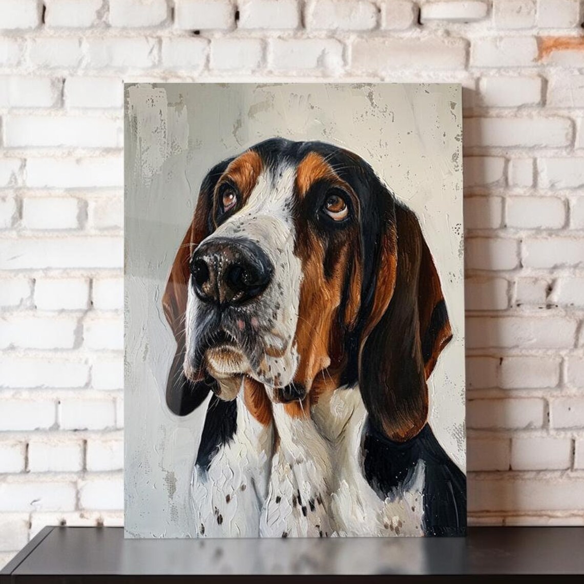 Tricolor Hound Dog Portrait Droopy Ears Oil Painting Dog Lover Poster