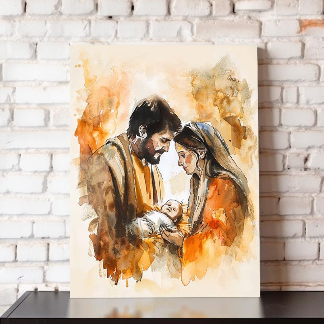 Joseph And Mary Holding Baby Jesus Warm Watercolor Nativity Art Poster