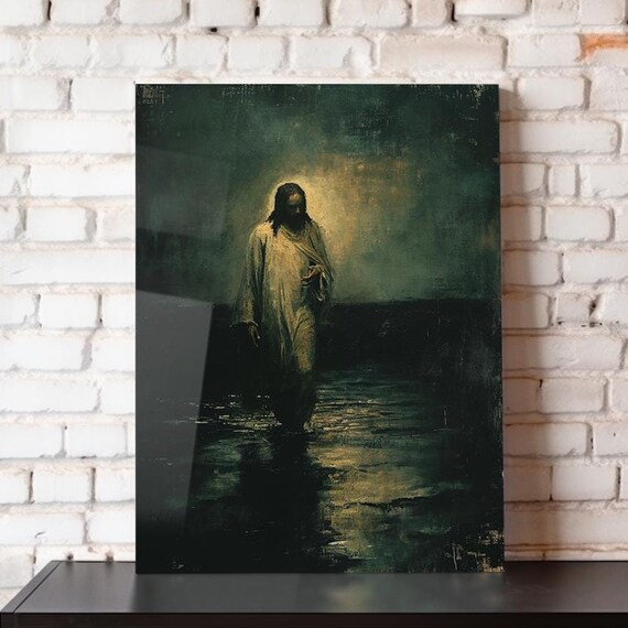 Jesus Walking On Dark Waters Glowing Halo Light Oil Painting Art Poster