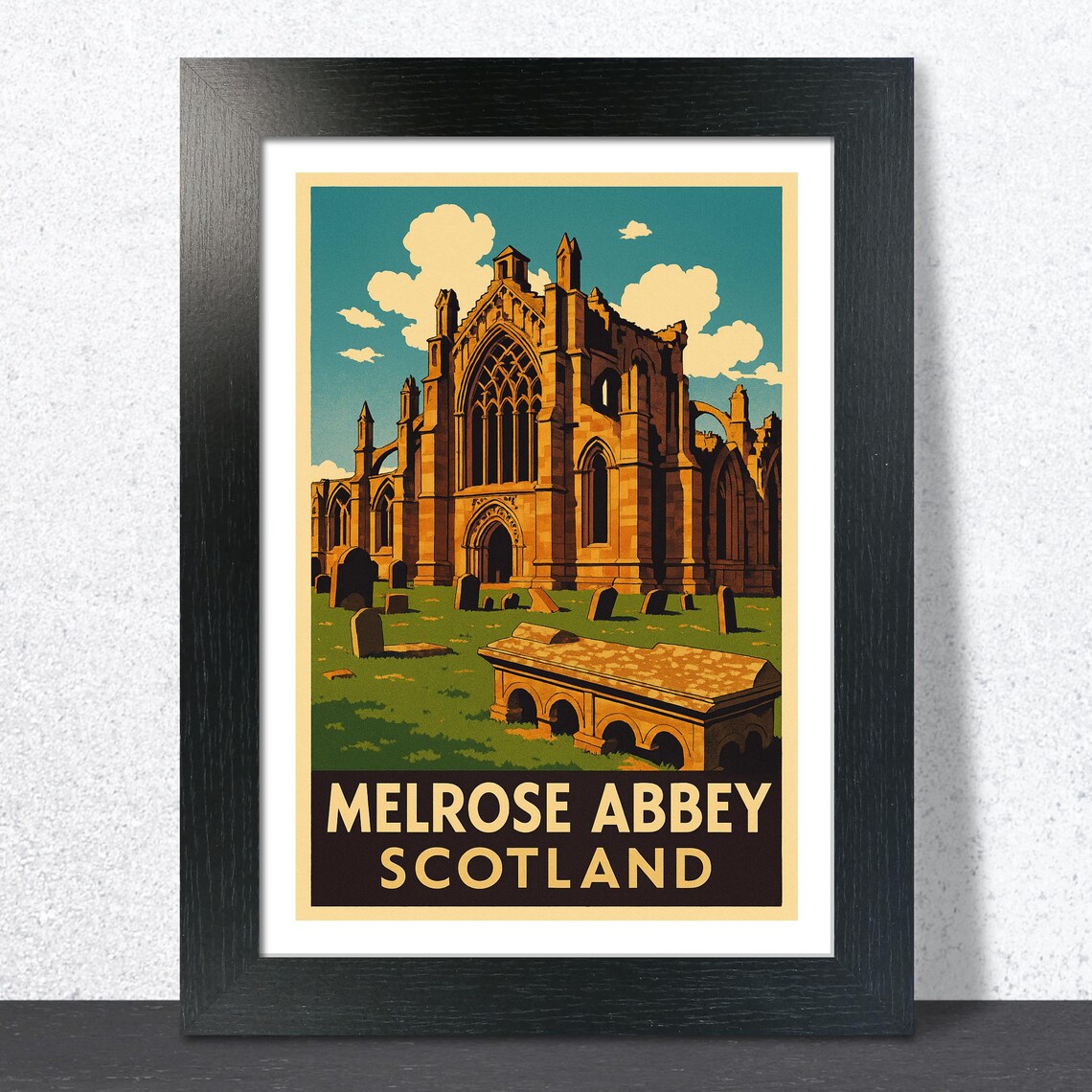 Melrose Abbey Scotland Abbey Ruins Blue Sky Vintage Travel Poster