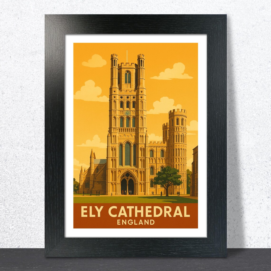 Ely Cathedral England Vintage Golden Sunset Tower Travel Poster