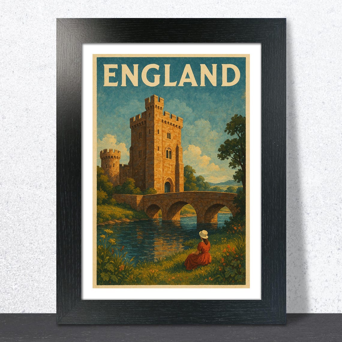 England Vintage Stone Castle Bridge River Scene Nostalgic Art Print