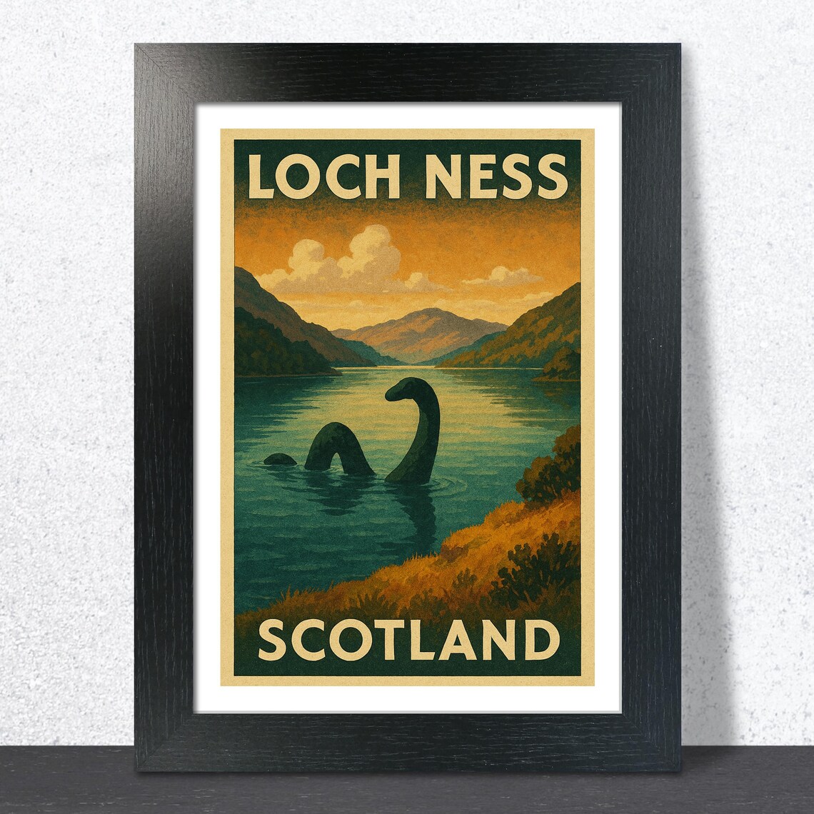 Loch Ness Scotland Vintage Travel Poster Monster Silhouette at Sunset