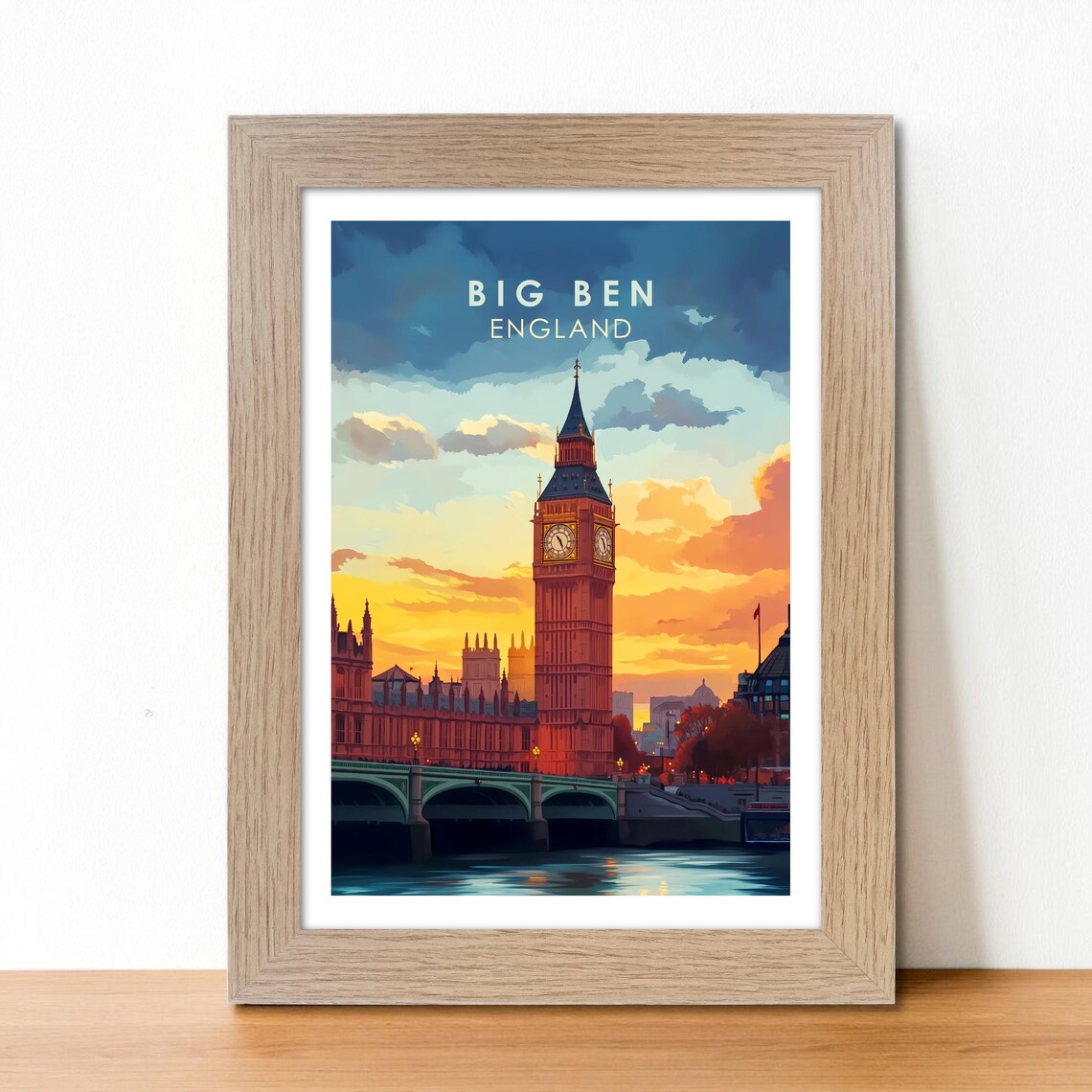 Big Ben England Sunset Vintage London Landmark Travel Poster
