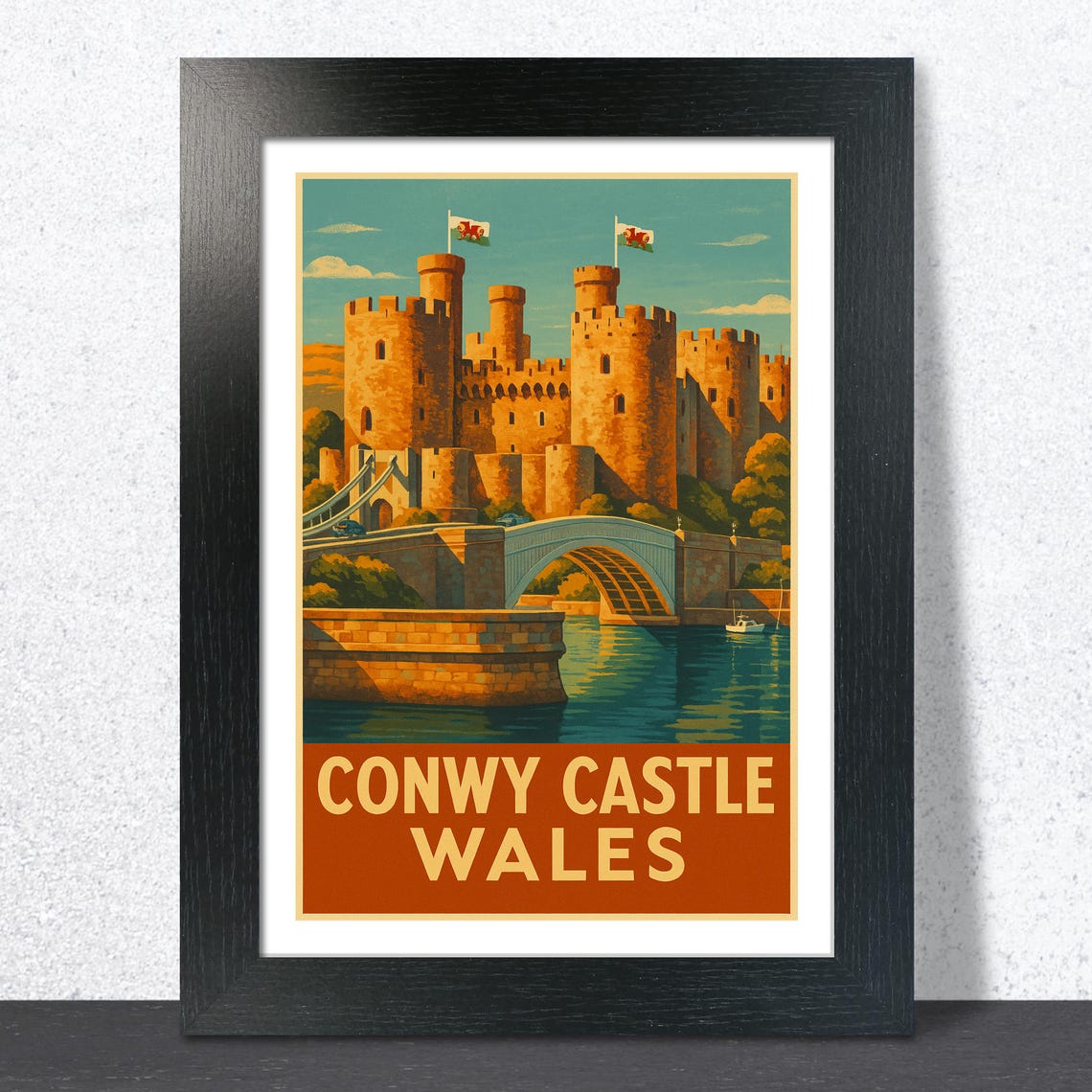 Conwy Castle Wales River Bridge View Vintage Travel Wall Poster