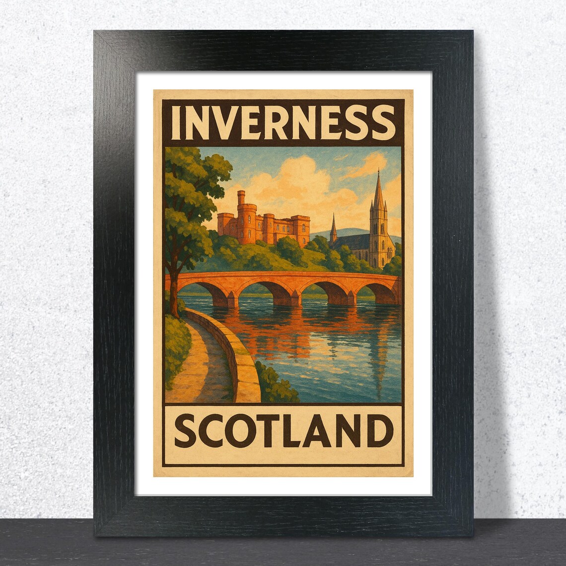 Inverness Scotland Castle And Bridge Over River Vintage Travel Poster