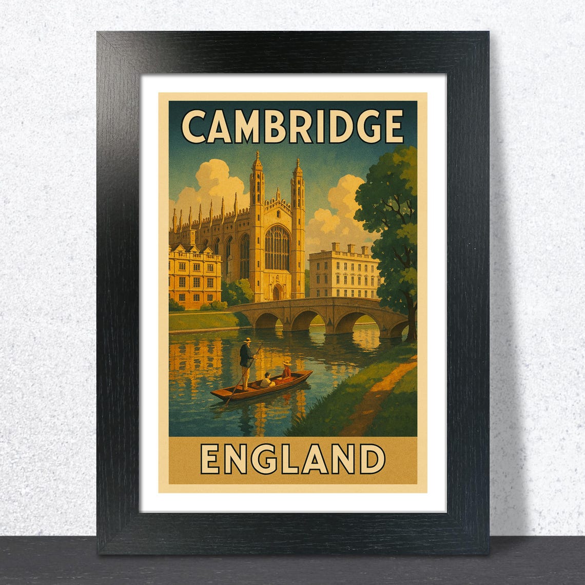 Cambridge England Punting River Cam Vintage Travel Style Art Poster