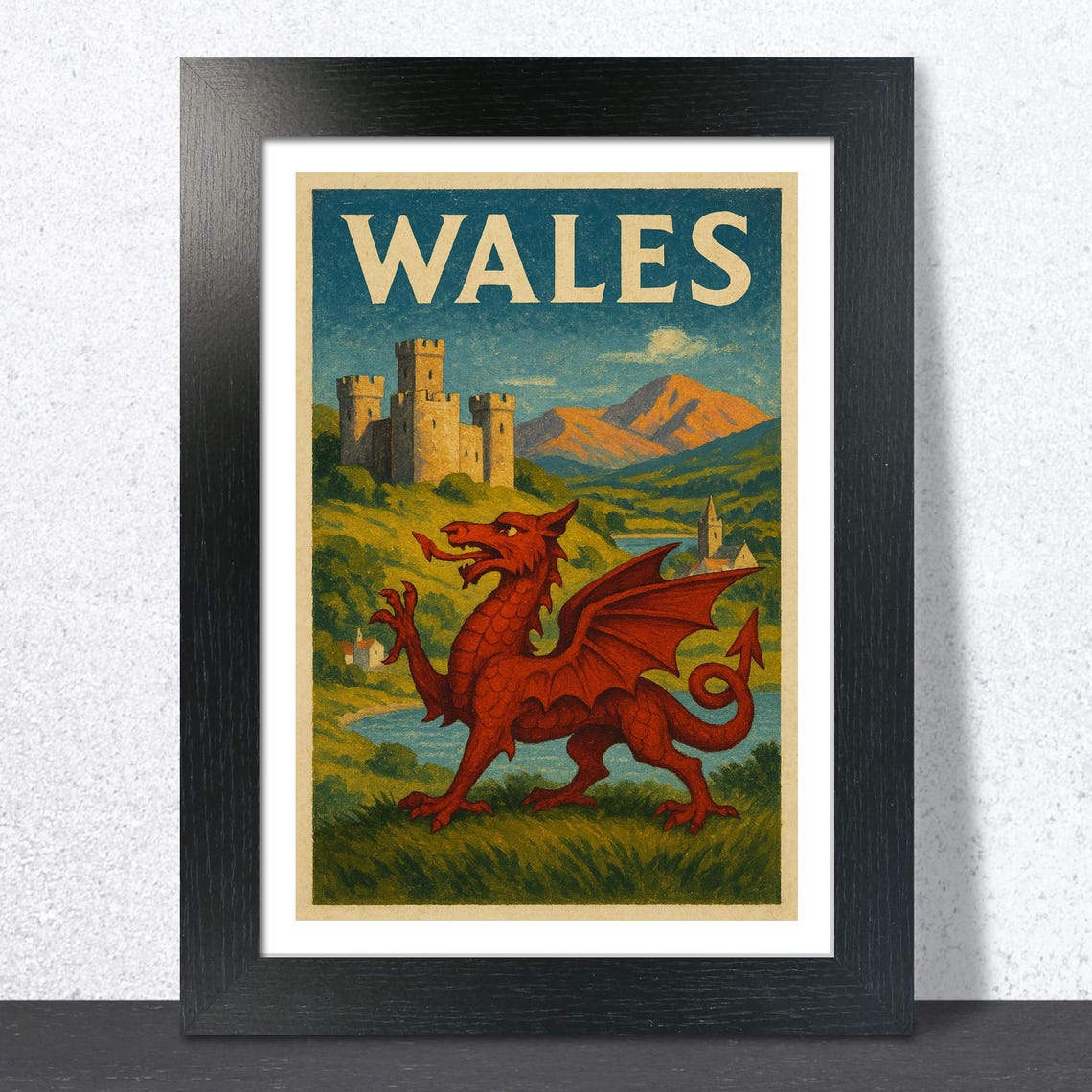 Wales Vintage Travel Poster With Red Dragon Castle Mountain Scenery