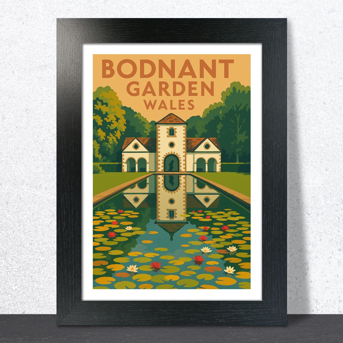 Bodnant Garden Wales Lily Pond Vintage Botanical Travel Poster