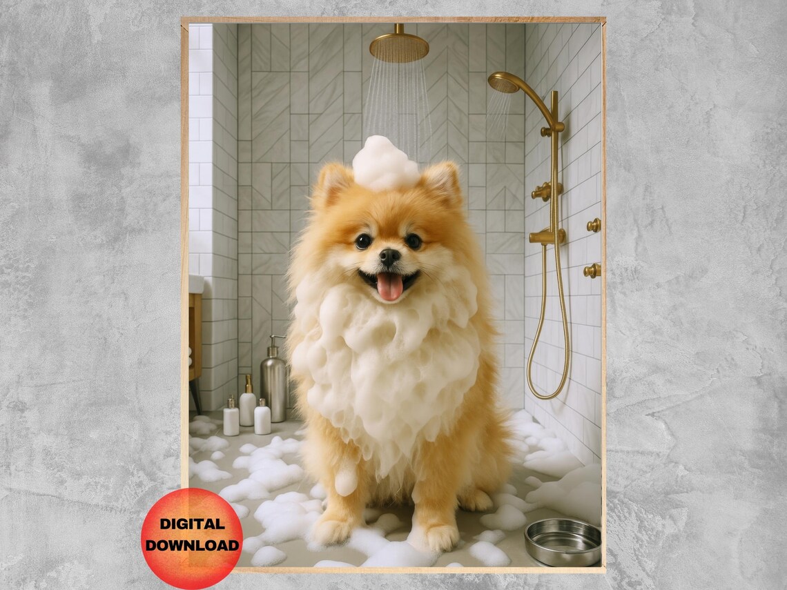 Pomeranian Bathroom Print, Funny Pet Humor Poster