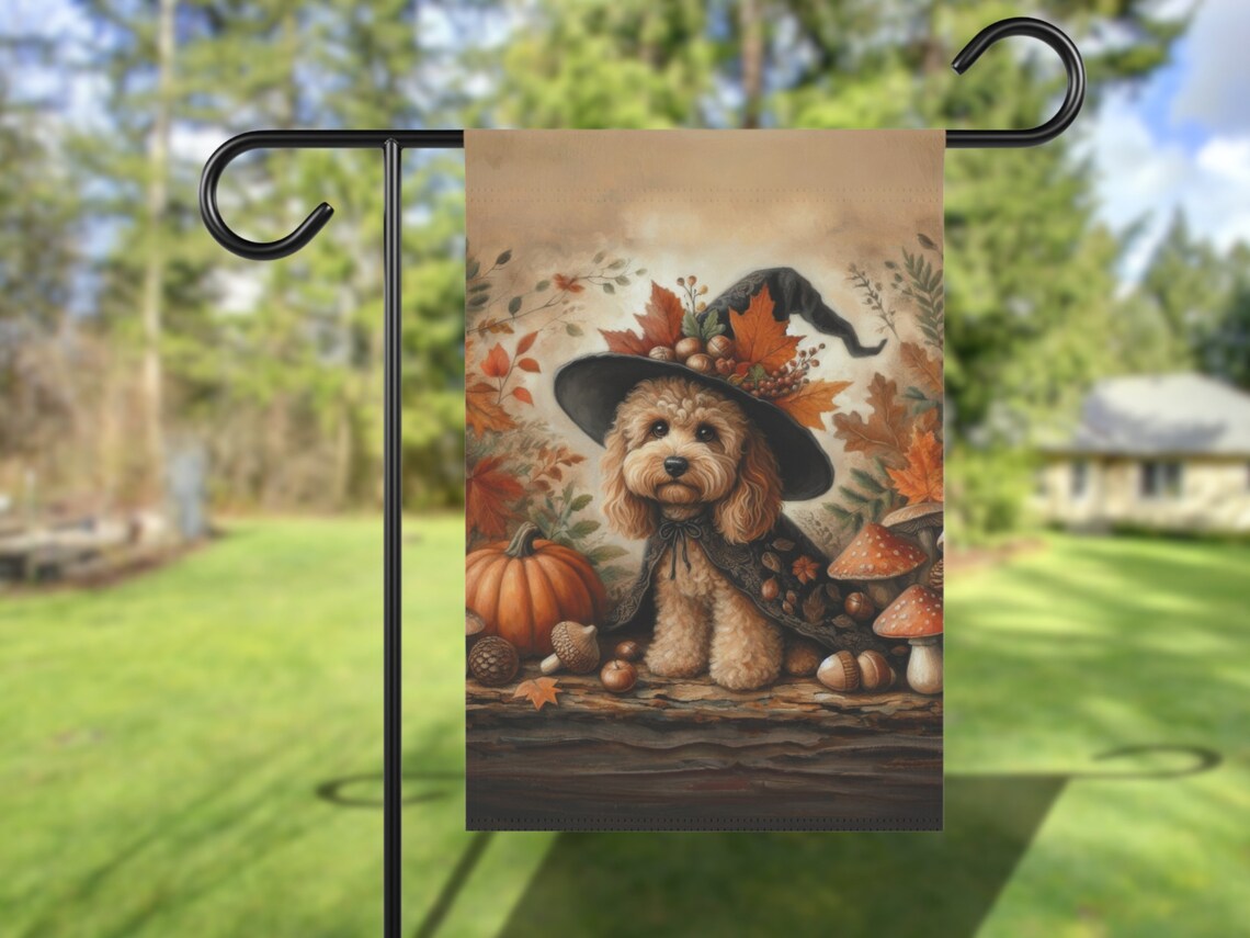 Cockapoo Fall Garden Flag, Vintage Cottage Core Art Print