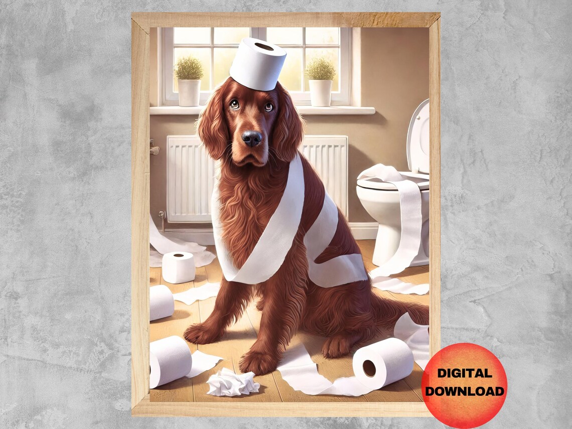 Irish Setter Toilet Paper Mischief Funny Dog Bathroom Wall Poster