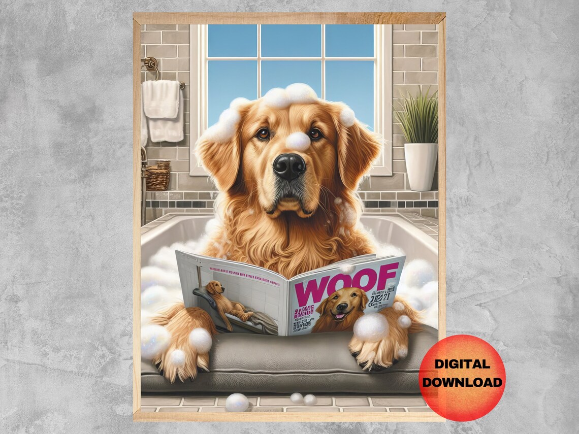 Golden Retriever In Bathtub, Funny Dog Bathroom Art Print