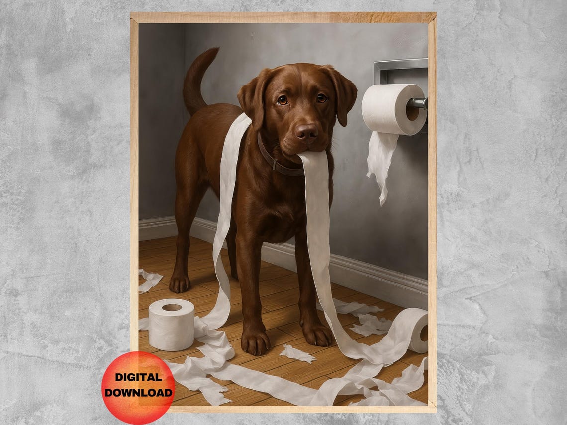 Funny Chocolate Labrador Bathroom Wall Art Brown Lab Toilet Paper Poster Whimsy Gift For Lovers Humor Artwork