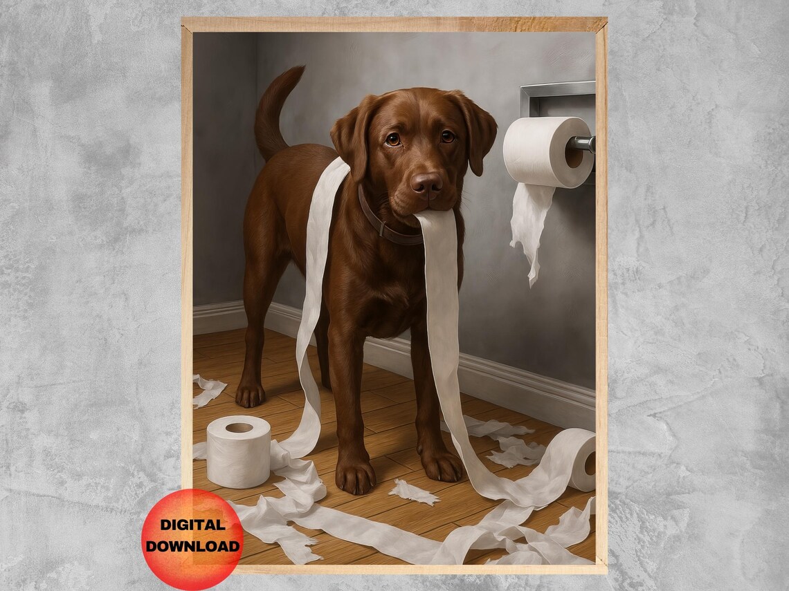 Funny Chocolate Labrador Retriever Toilet Paper Mess Bathroom Wall Art