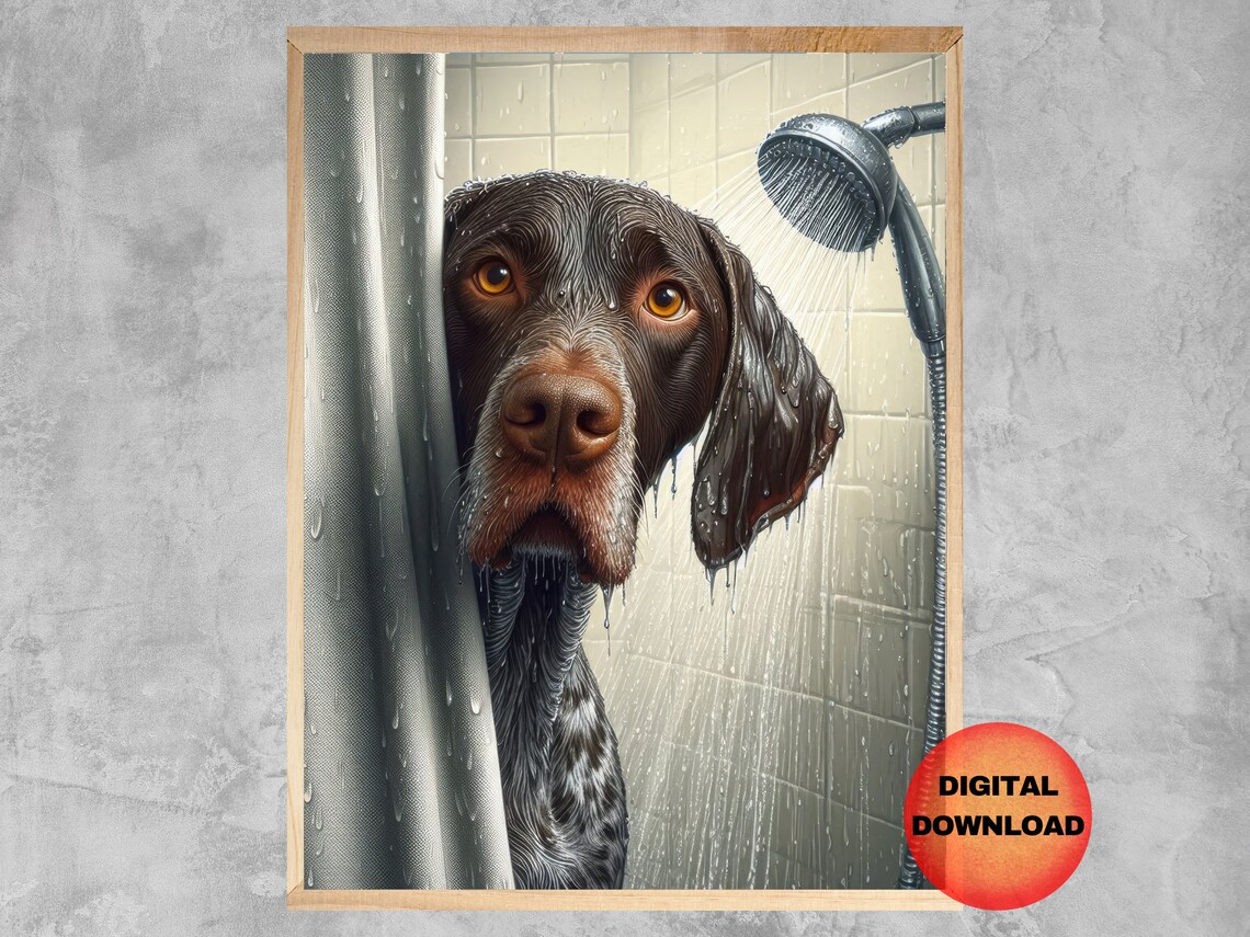 Funny Gsp Taking Shower Print, Dog Bathroom Humor