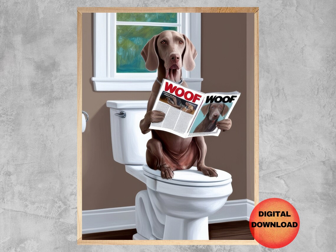 Weimaraner Dog On Toilet Funny Bathroom Poster