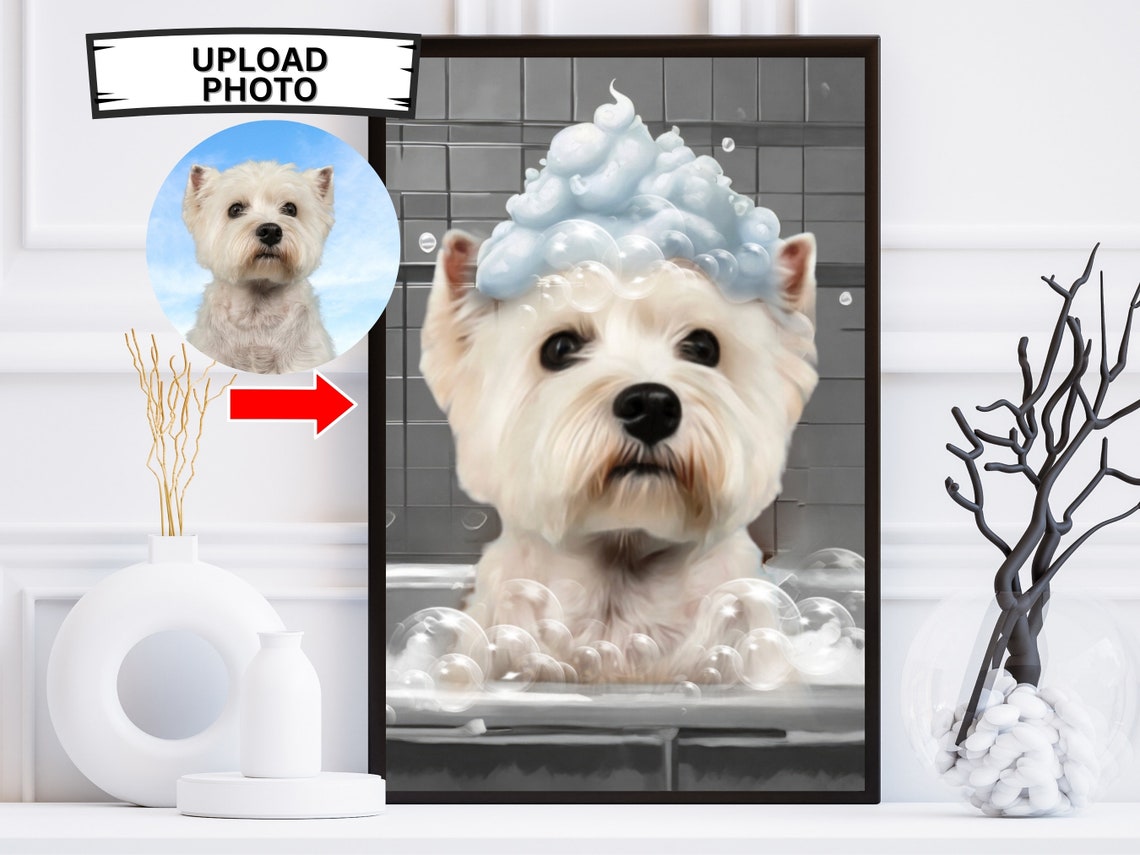 Custom Westie Bubble Bath Photo Upload Personalized Dog Art Print