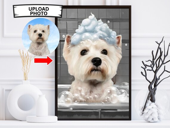 Custom Westie Photo Upload Bathroom Personalized West Highland White Terrier Bathtub Wall Art Funny Dog In Bath Lover Gift