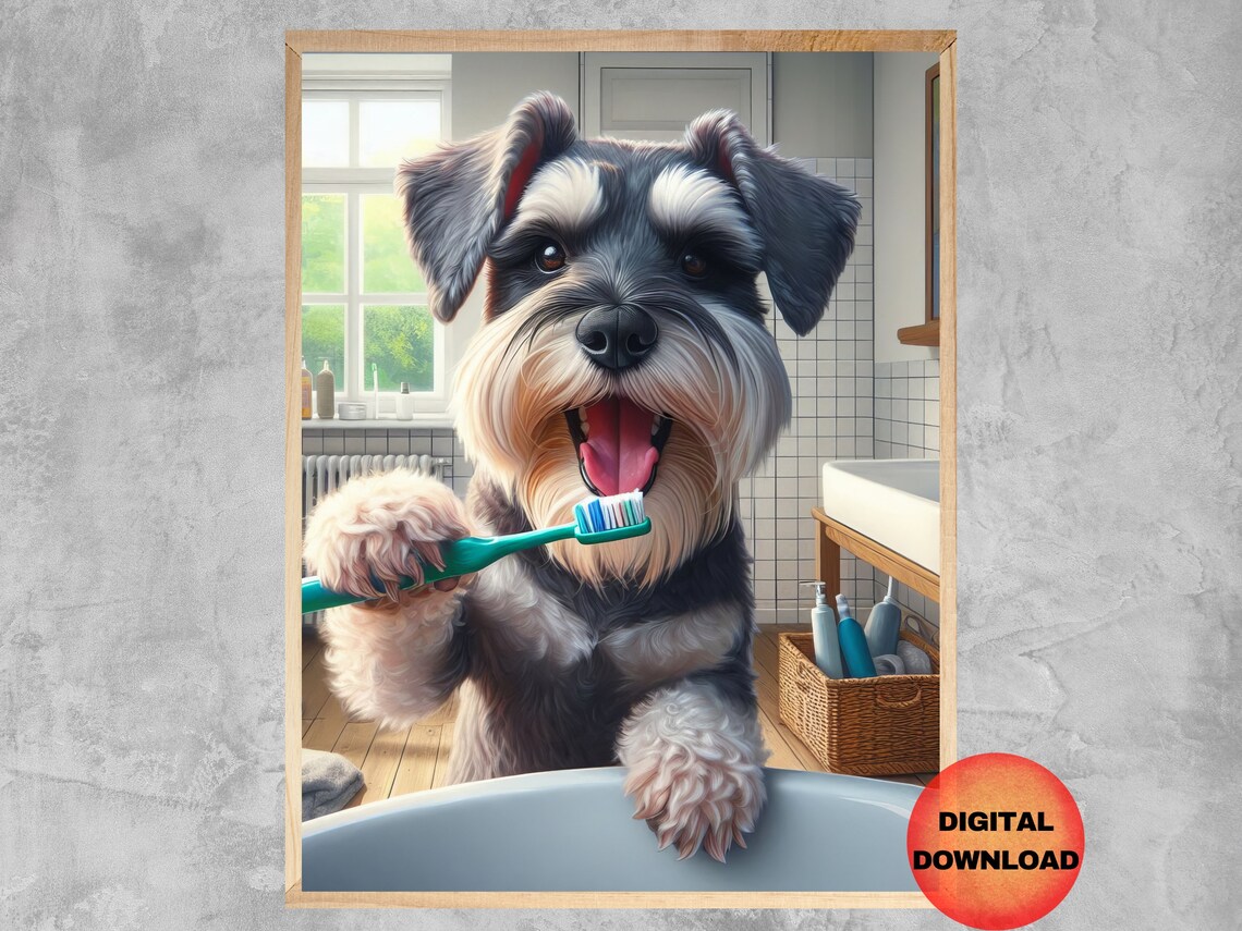 Mini Schnauzer Bathroom Humor Art Print, Dog Whimsy