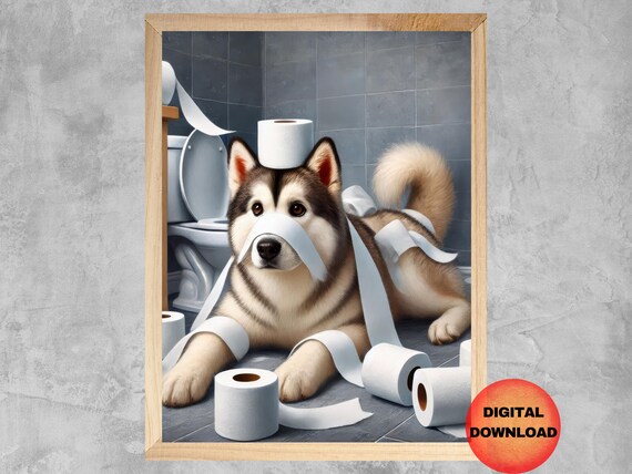 Alaskan Malamute Funny Bathroom Print Toilet Wall Art Kids Paper Picture Whimsy Dog Lover Gift