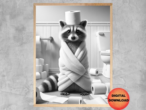 Funny Raccoon Bathroom Wall Art Black And White Poster Kids Toilet Paper Animal Print Humor
