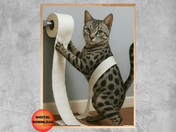 Bengal Cat Bathroom Wall Art Funny Charcoal Toilet With Paper Gift For Lovers Humor Print