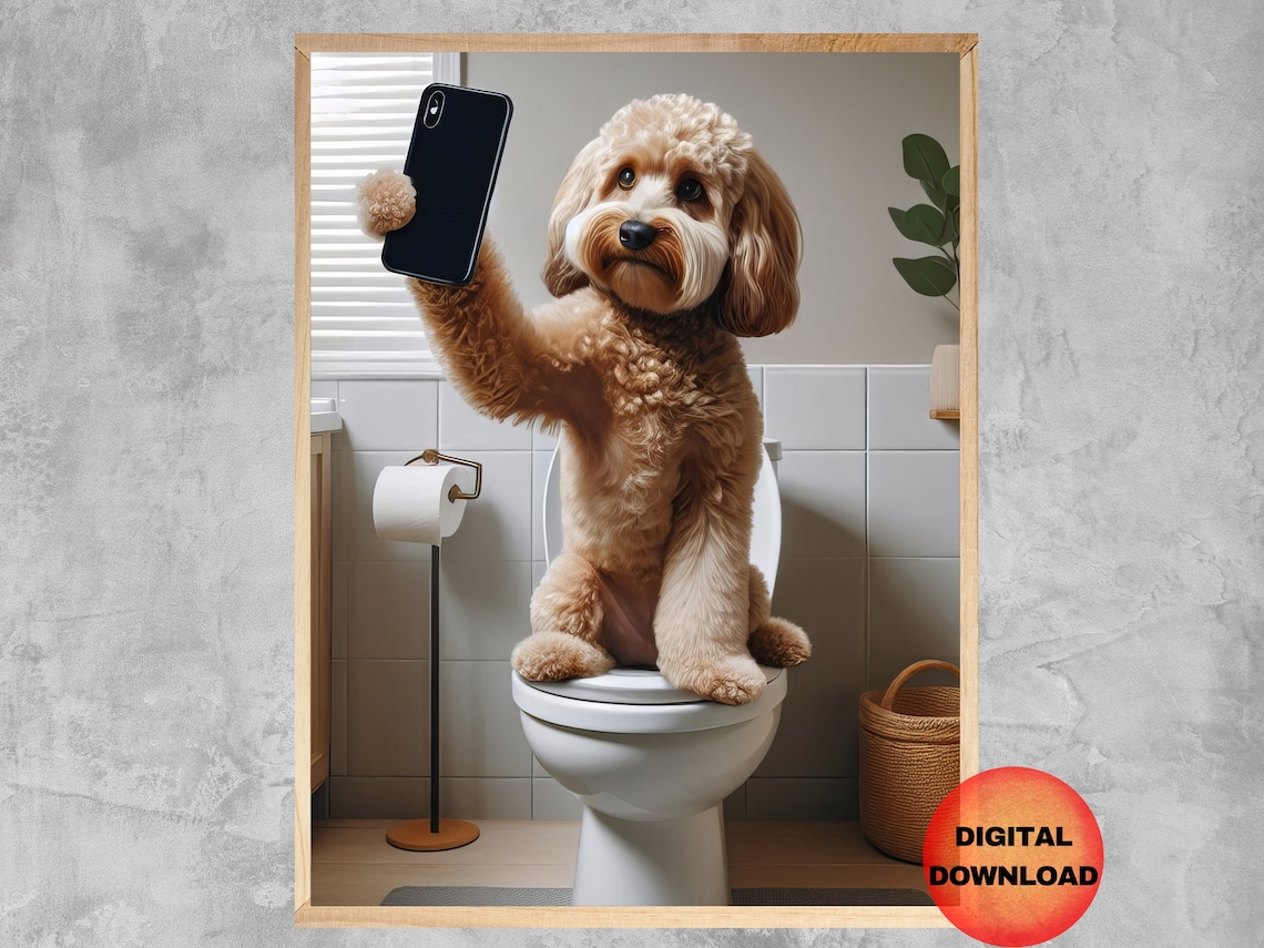 Cockapoo Selfie On Toilet, Funny Bathroom Poster